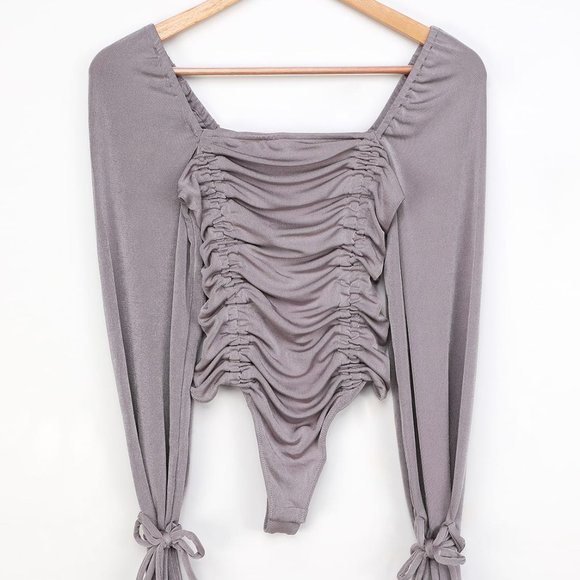 Free People Meant To Be Shiny Purple Ruched Long Sleeve Bodysuit Size S - Picture 3 of 6